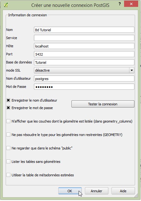 Impuls'Map - Tutoriel - Importer Shapefile Postgis QGIS SPIT - Paramètres Connexion Postgis