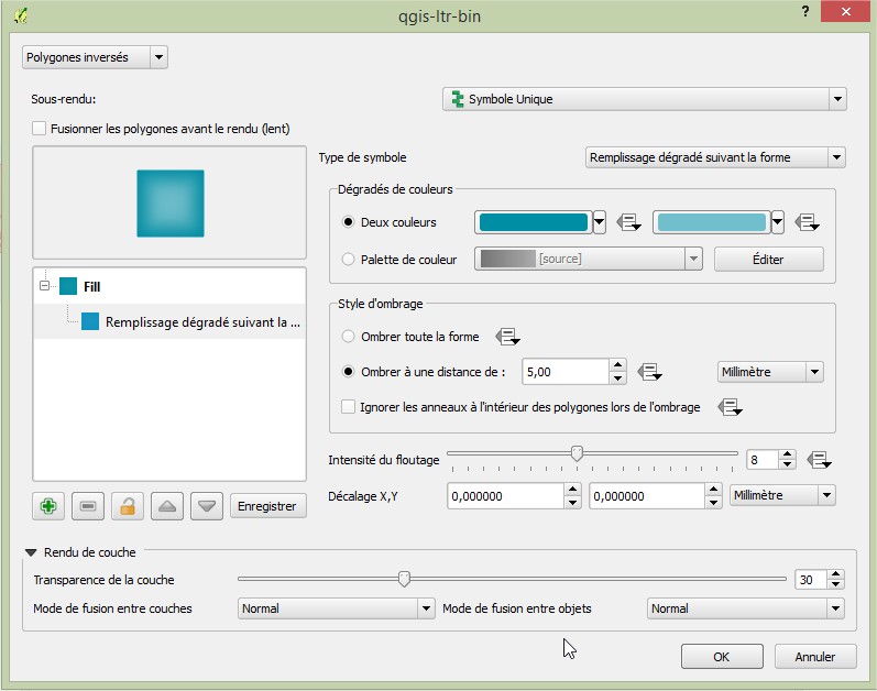 Impuls'Map - Tutoriel - Effectuer Pochoir Masque QGIS - Remplissage Degradé Paramètres